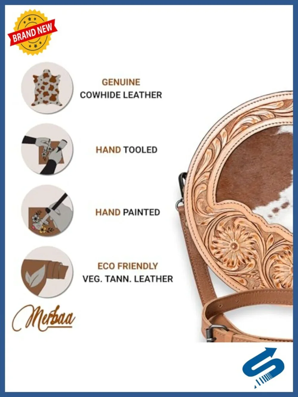 Handtooled Cowhide Canteen Crossbody Bag with Adjustable Strap